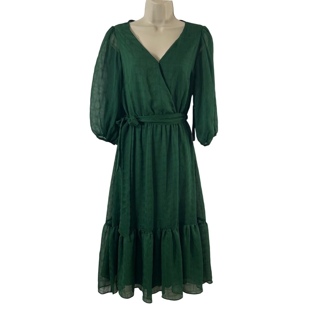 Ryan Michelle Emerald Green Midi Dress V-Neck Tie Waist Puff Sleeve Small